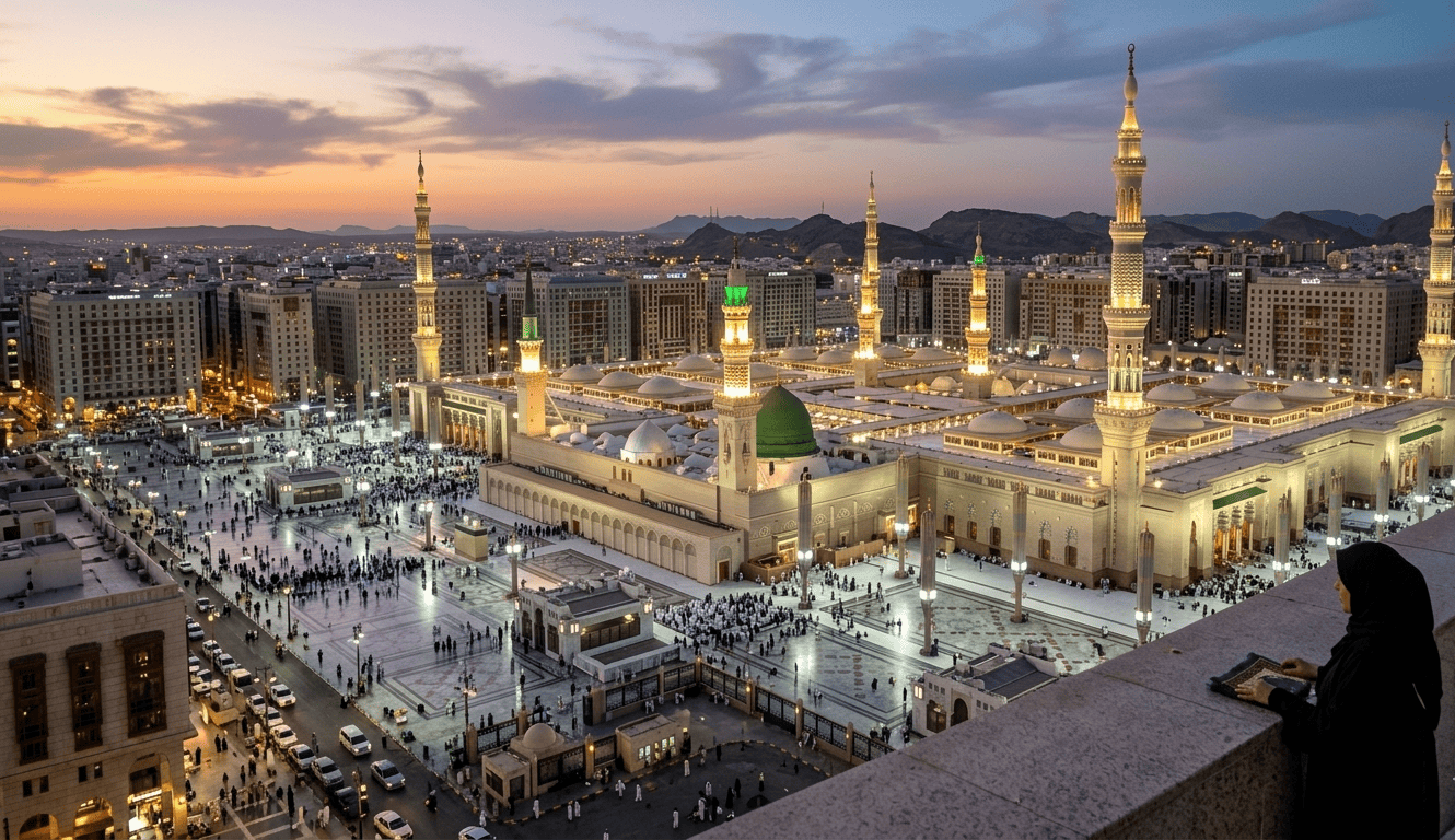 View of Masjid al-Haram with minarets during sunset in Mecca.