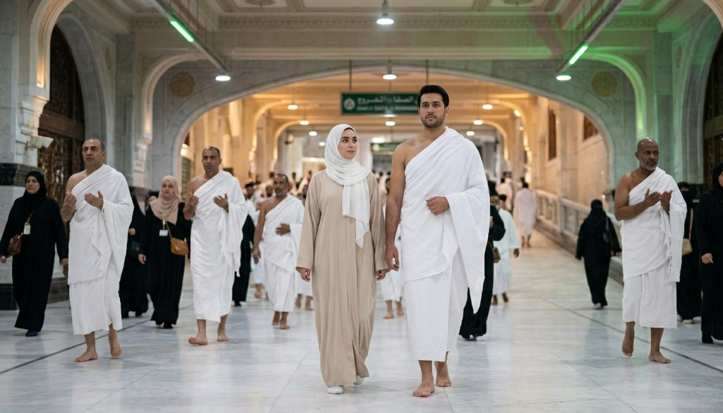 Pilgrims performing Umrah in Masjid al-Haram, Mecca during Hajj season.