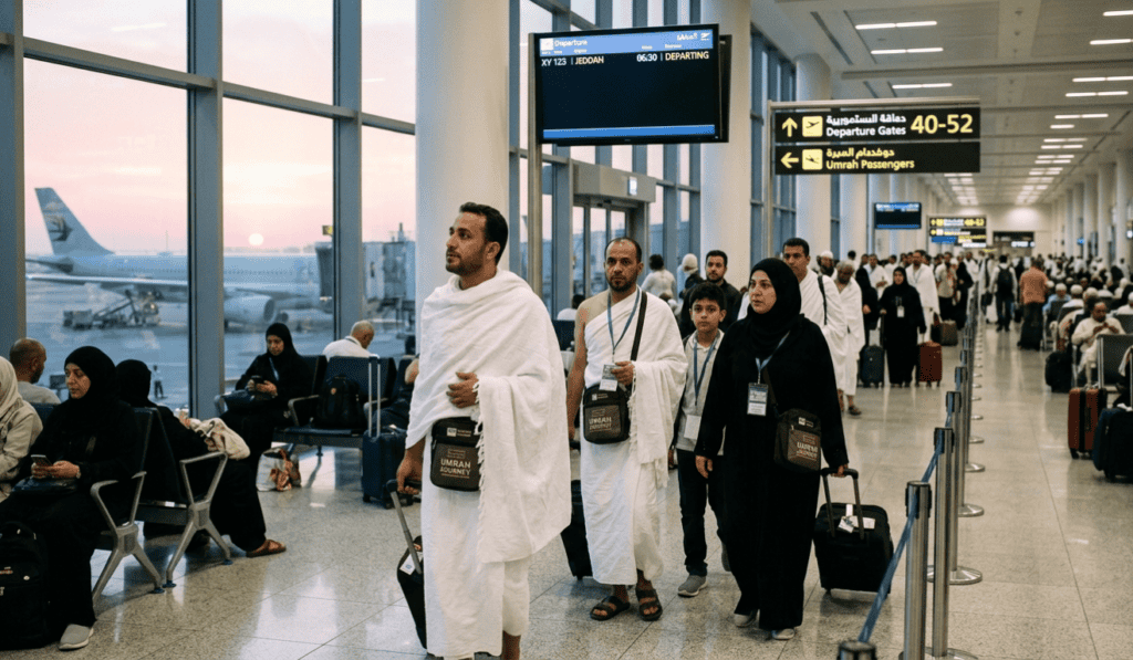 Travelers at airport terminal heading to Umrah pilgrimage, ready for departure.