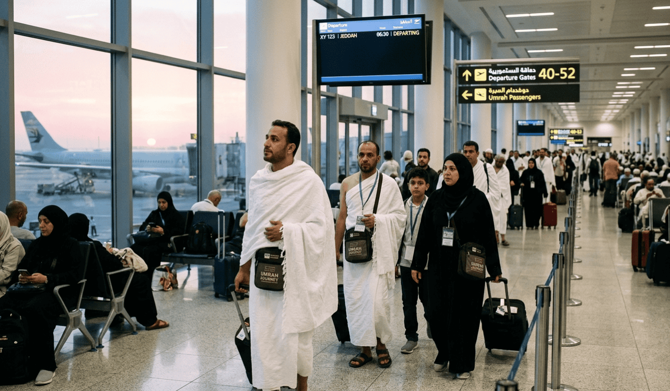 Travelers at airport terminal heading to Umrah pilgrimage, ready for departure.