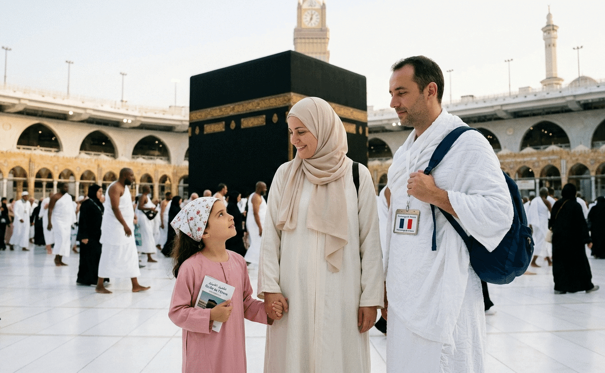 Pilgrims at Masjid al-Haram with the Kaaba in the background, preparing for Umrah rituals.