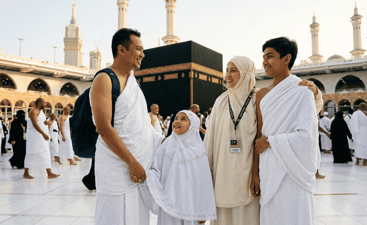 Pilgrims performing Umrah at Masjid al-Haram with family, surrounded by worshippers and the Kaaba in.