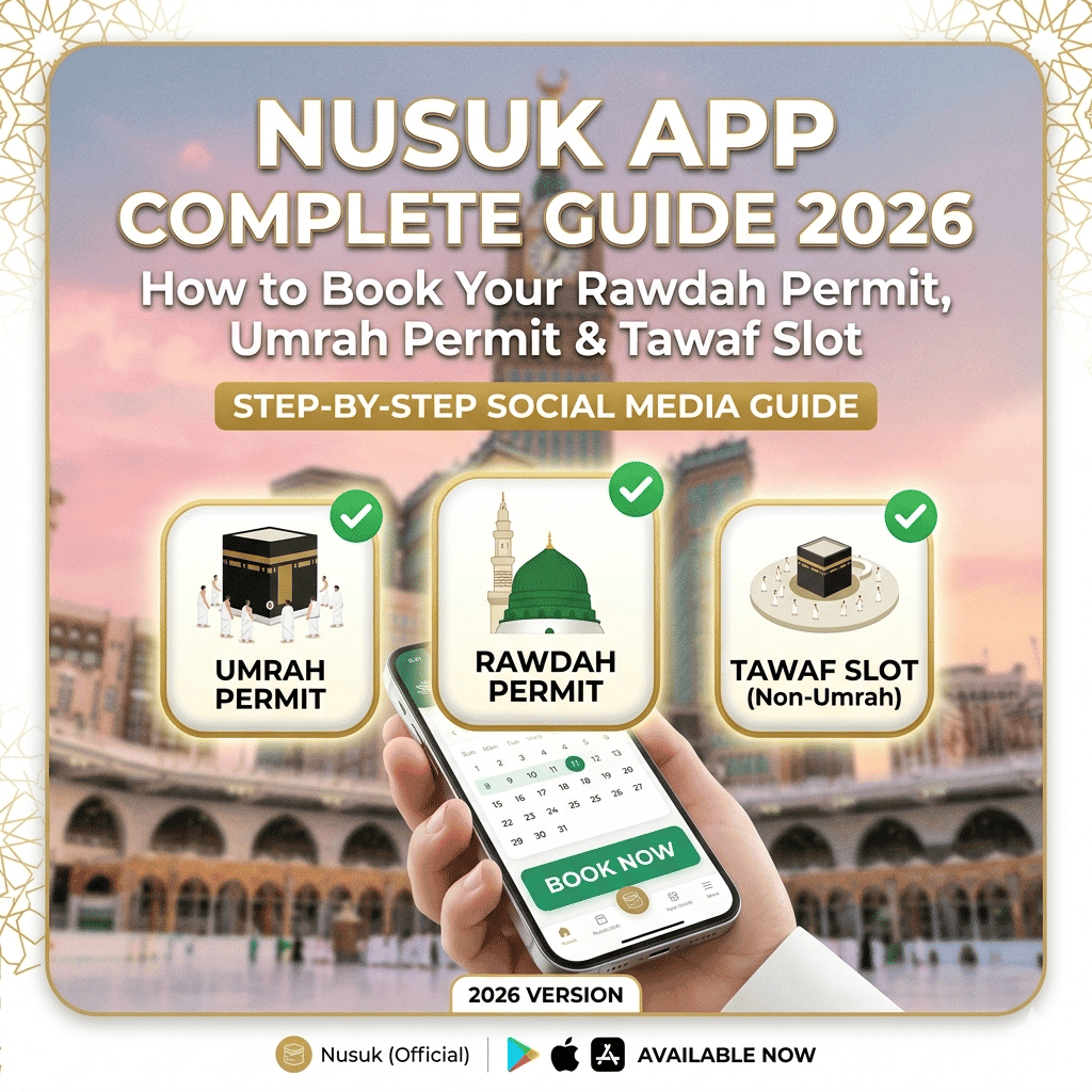 Nusuk app for booking Rawdah, Umrah permits, and Tawaf slots easily.