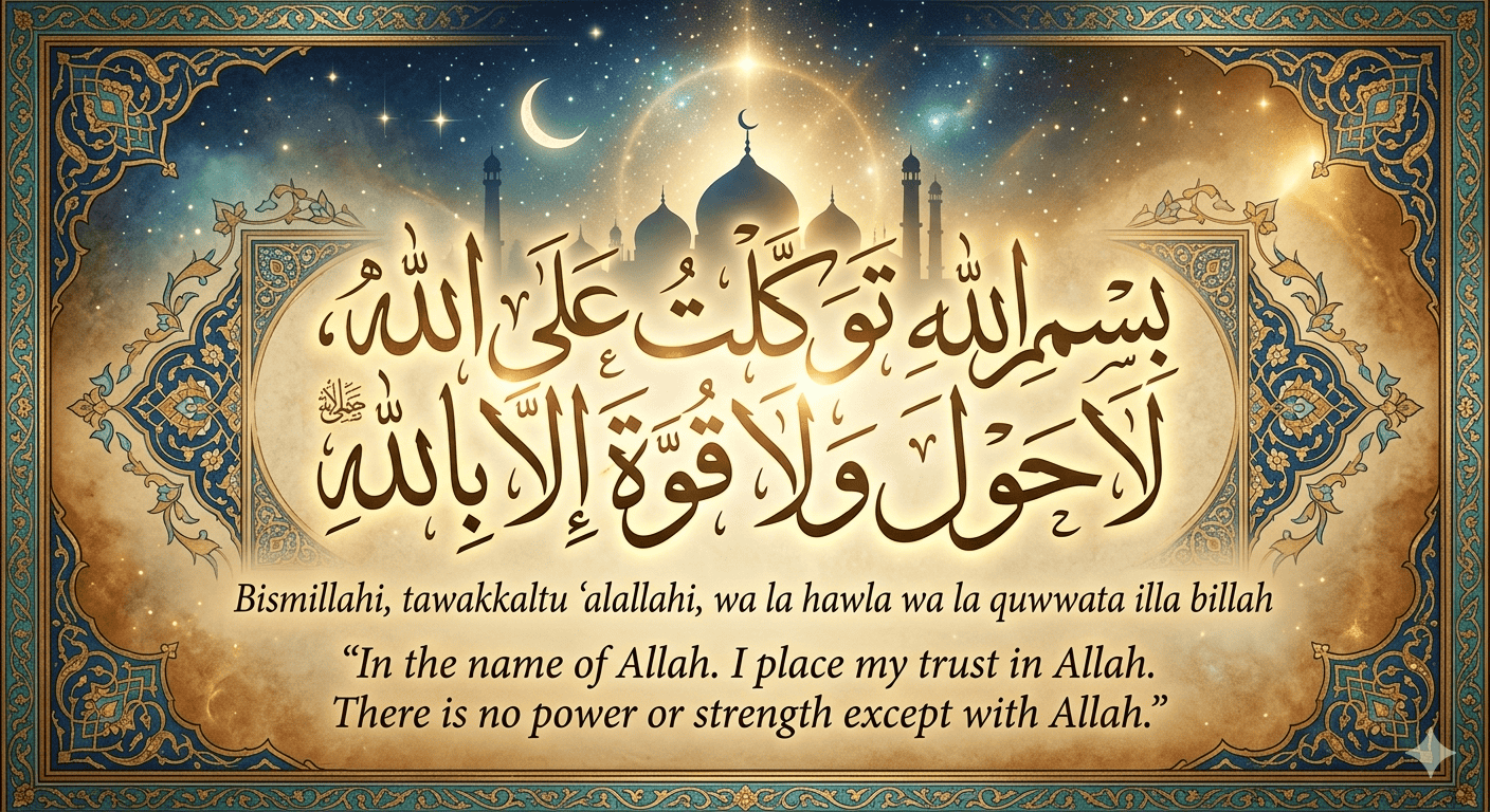 Islamic calligraphy of Bismillah with celestial background for Umrah pilgrims.
