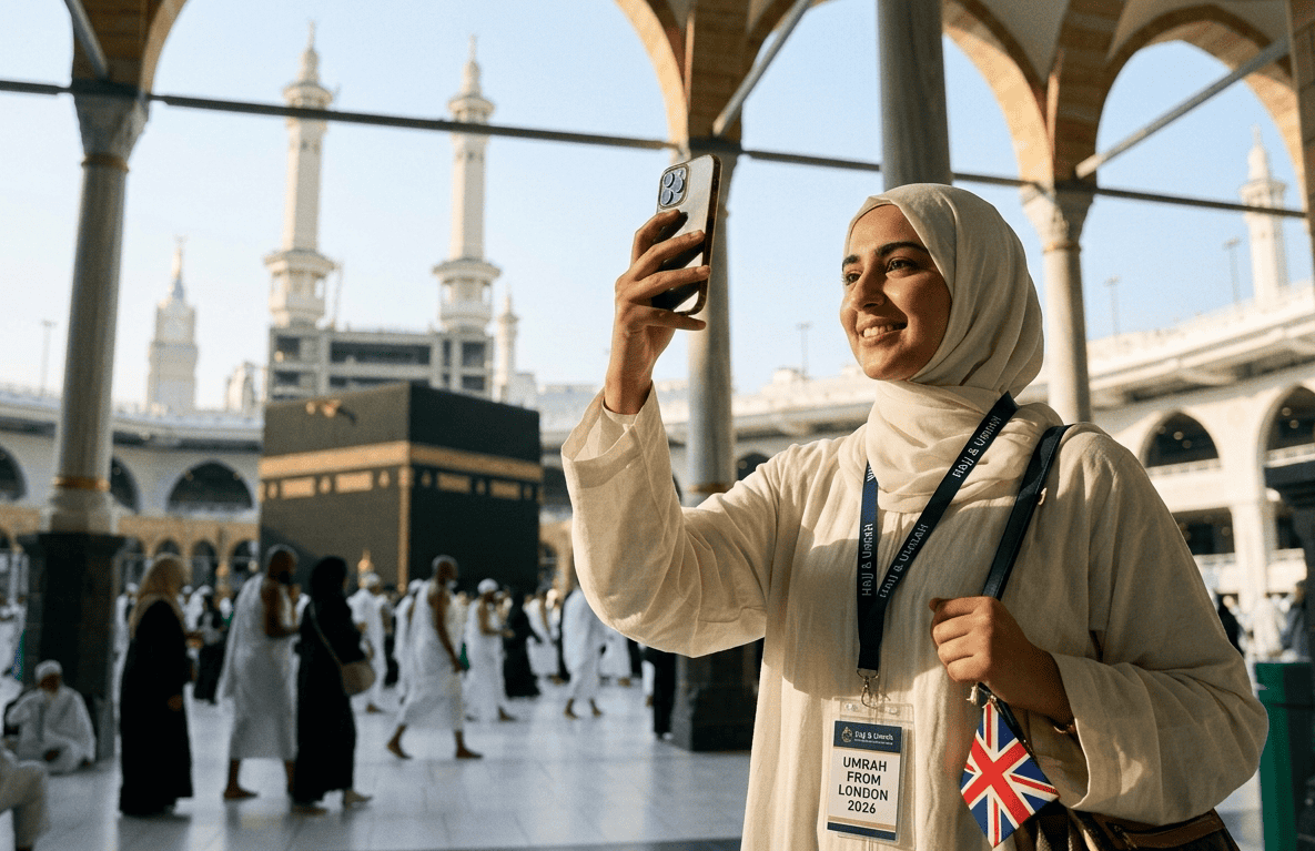Woman taking a selfie at Masjid al-Haram during Umrah pilgrimage from the UK.