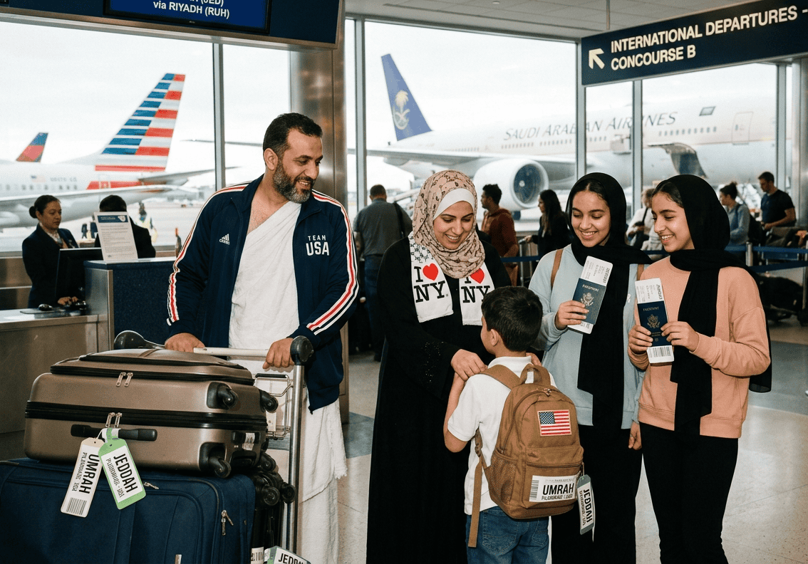 Family preparing for Umrah at airport with luggage and travel documents.