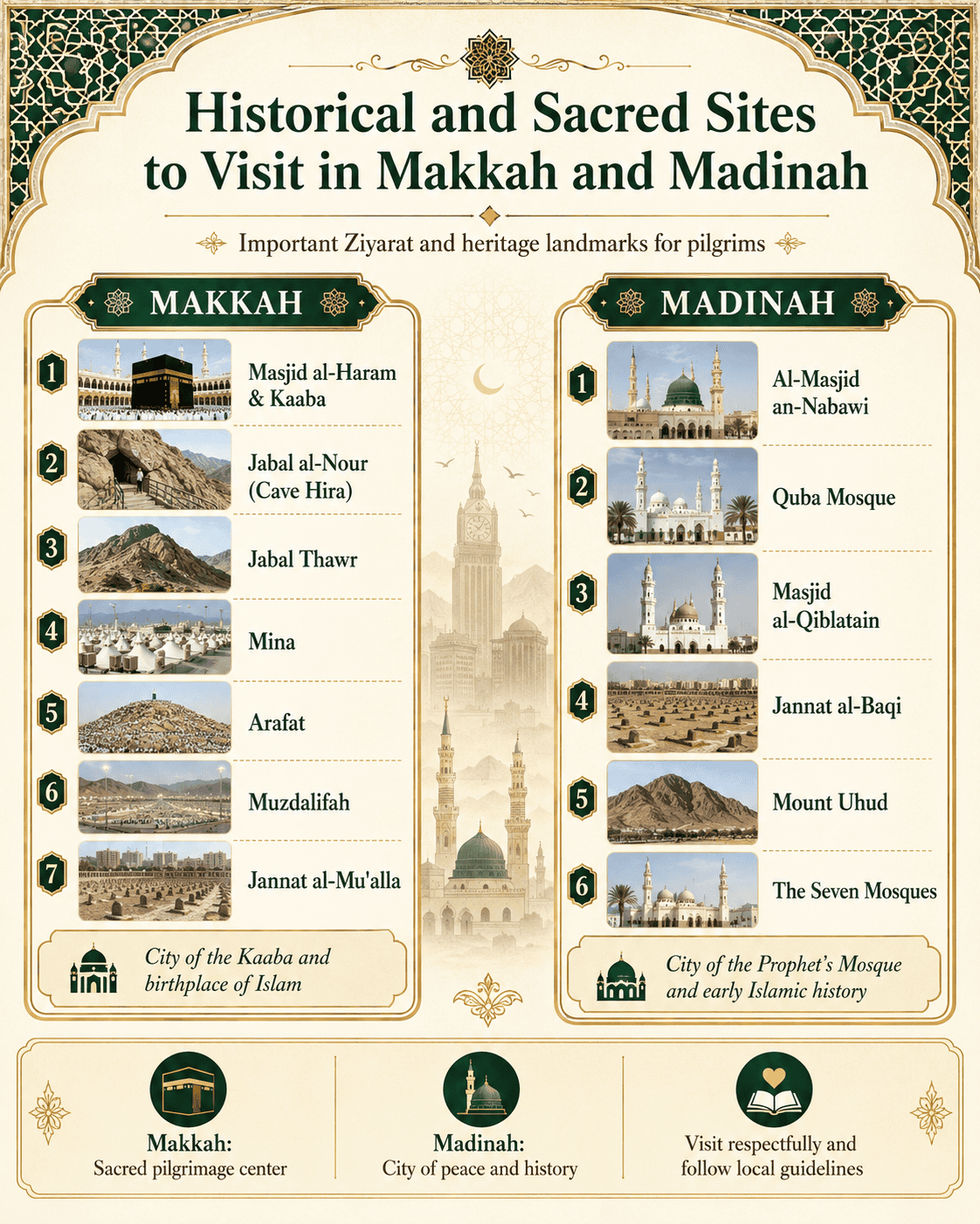 View of Masjid an-Nabawi in Madinah at dusk during Umrah Ziyarat visit