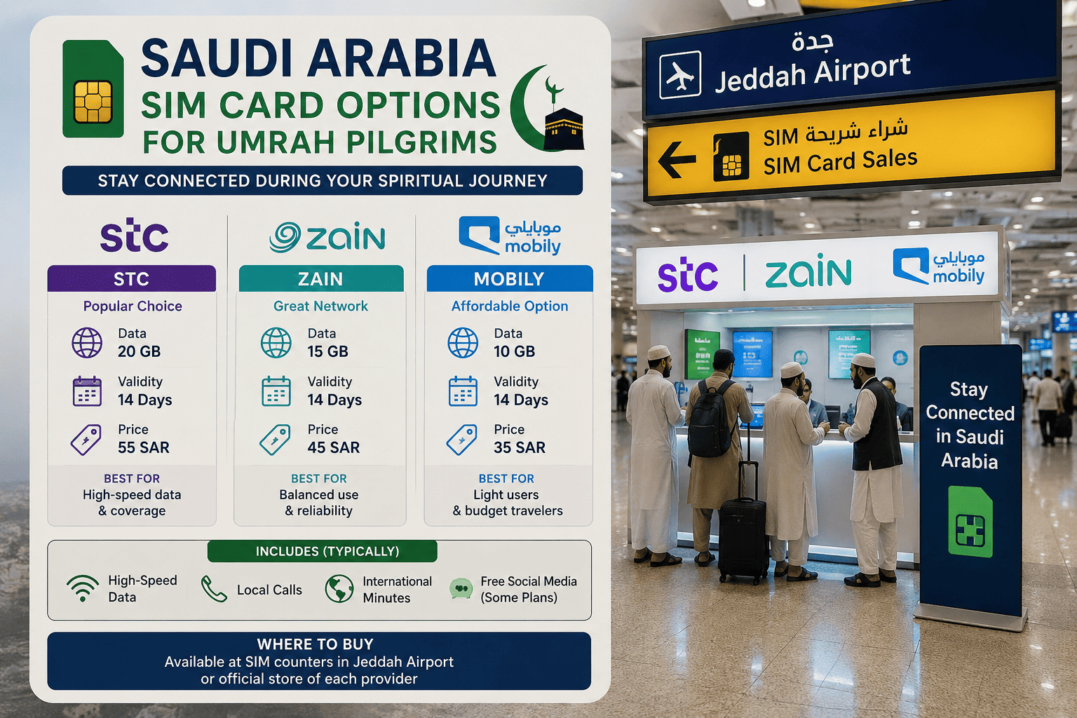 Saudi SIM card options for Umrah pilgrims at Jeddah Airport.